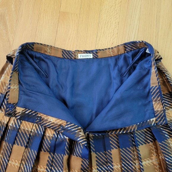 Silk Plaid Pleated Knee-length Full Skirt Navy Blue & Caramel Brown Sz 4/6/S/M - Picture 5 of 6